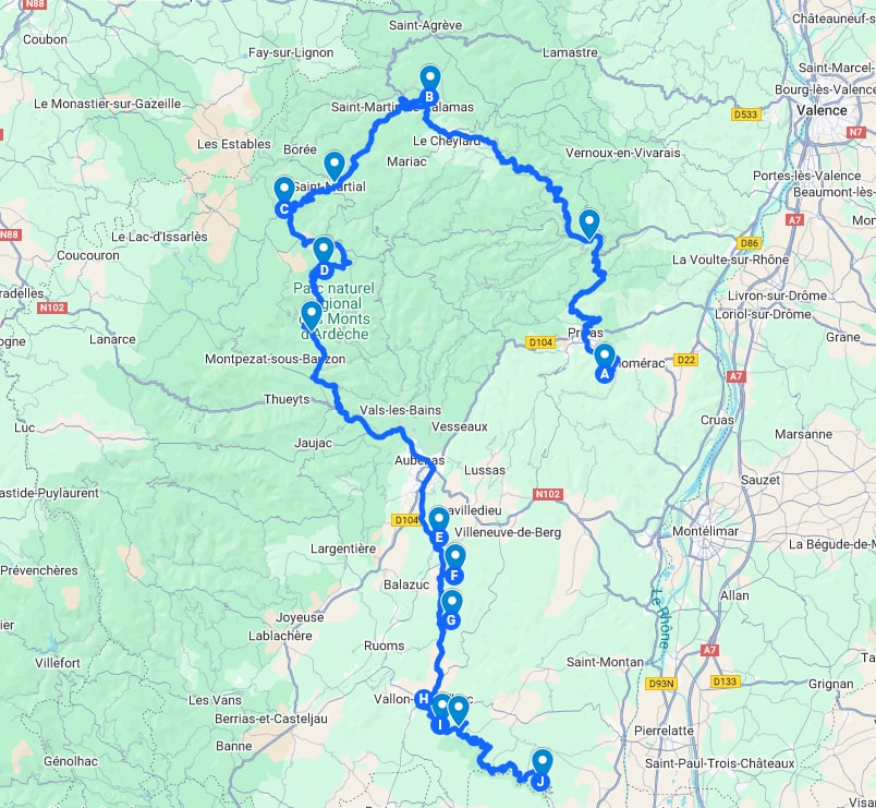 Carte road trip pour voir cascades en Ardèche